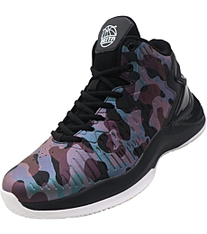 Beita High Upper Basketball Shoes Sneakers Men Breathable Sports Shoes Anti Slip, Discoloring Green-Purple Camouflage, 7.5