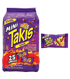 Takis Mini Fuego Rolled Tortilla Chips, Hot Chili Pepper and Lime Artificially Flavored, 25 Individual Snack Packs, 1.23 Ounces Each, Net Weight of 30.75 Ounces