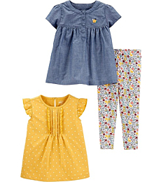 Simple Joys by Carter's Baby Girls' 3-Piece Playwear Set, Chambray/Polka Dot, 12 Months