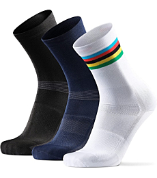 Cycling Socks for Men & Women, 3 Pack Regular Ankle Crew Breathable Bike Socks (Multicolor (1 x stripes, 1 x black, 1 x blue), US Women 8-10 // US Men 6.5-8.5)
