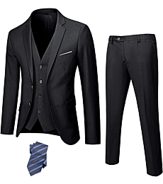 YND Men's Slim Fit 2 Button 3 Piece Suit Set, Blazer Jacket Vest Pants and Tie, Solid Wedding Dress Tux and Trousers Black