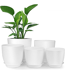 Plastic Planter, HOMENOTE 7/6/5.5/4.8/4.5 Inch Flower Pot Indoor Modern Decorative Plastic Pots for Plants with Drainage Hole and Tray for All House Plants, Succulents, Flowers, and Cactus, White