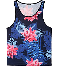 COOFANDY Men's Floral Tank Top Sleeveless Tees All Over Print Casual Sport Gym T-Shirts Hawaii Beach Vacation (XL, Navy Blue)