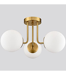 SHAWNKEY Modern Brass Gold 3-Light Ceiling Light with Globe White Glass Shade Semi Flush Mount Ceiling Light for Living Room Hallway Sputnik Chandelier Lighting Fixture