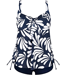 Hilor Women's Retro Drawstring Ruched Halter Floral Tankini Set Two Piece Swimsuit Navy&White 18
