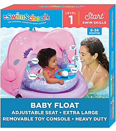 SwimSchool Baby Pool Float with Adjustable Canopy - 6-24 Months - Includes 5-Toy Interactive Play Console Safety Seat - Pink