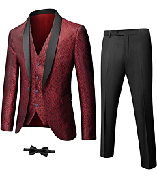 YND Men's 3 Piece Slim Fit Tuxedo Set, One Button Shawl Collar Floral Jacket Vest Pants with Bow Tie, Red