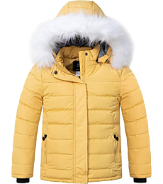 ZSHOW Girls' Puffer Jacket Fleece Lined Winter Coat Windproof Padded Hooded Parka(Yellow,14/16)