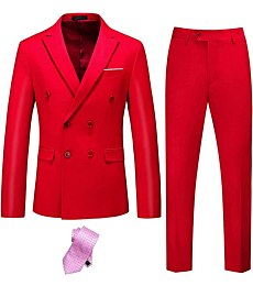 YND Men's Slim Fit 2 Piece Suit, Double-Breasted Jacket Pants Set with Tie, Solid Party Wedding Dress Blazer, Tux and Trousers Red
