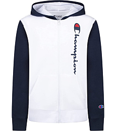 Champion Boys Fleece Hooded Zip Up Sweatshirt Hoody Kids Clothes (X-Large, White/Navy)