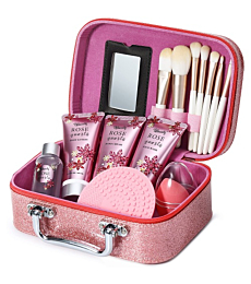 BFF BEAUTY Girls Makeup Kit Gift Set, 15 Pieces Make Up Set with Makeup Brush Sets, Makeup Sponge Blender, Cosmetic Bag, Facial Cleanser, Body lotion, Hand Cream, Birthday Gifts for Teen Girls