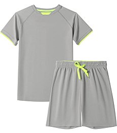 DaniChins Boys Loose Athletic Short-Sleeve Shirt and Active Mesh Shorts Set (GREY2, 14)