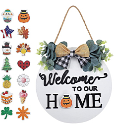 Seasonal Interchangeable Welcome Sign for Front Door Decor, Welcome to Our Home Sign with Interchangeable Holiday Pieces, Welcome Door Sign for Farmhouse Front Porch Decor and Housewarming Gift(White)