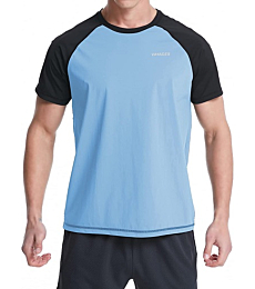 VAYAGER Men's Swim Shirts Rash Guard UPF 50+ Short Sleeve Quick Drying Crew Water Shirt(Sky Blue-Black-M)