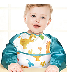 Long Sleeve Bibs for Babies Boys 6-12-18-24 Months Waterproof Toddler Shirt Bib with Sleeves Food Catcher for Feeding Eating Led Weaning Mess Proof Smock Bib Wearable Reusable Washable Quick Dry