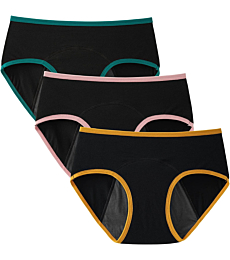 INNERSY Period Underwear for Teen Girls Cotton Leakproof Menstrual Panties 3 Pack(10-12 Years, 3 Black with Contrasting Hem)