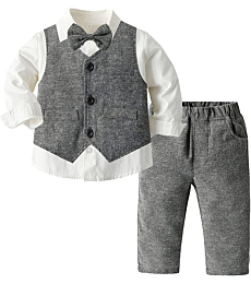 Baby Boys Suit Clothing Set, 4 Piece Formal Outfit for Boys of Vest, Pants, Shirt and Bow Tie, Grey, 2-3T = Tag 110