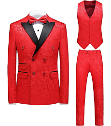 Mens Suit 3 Piece Floral Tux Double Breasted Blazer Vest Pants Set US Size 34 Red