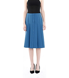 Vintage a Line Pleated Midi Skirt High Waist Button Front (Indıgo) (10)