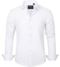 J.Ver Men's Dress Shirts Solid Long Sleeve Stretch Wrinkle-Free Shirt Regular Fit Casual Button Down Shirts White Small