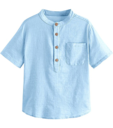 Inorin Boys Button Up Henley Shirt Short Sleeve Lightweight Summer Linen Cotton Dress Shirts Tees Tops with One Pocket Sky Blue