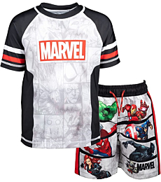 Marvel Avengers Little Boys Swim Rash Guard Trunks Pullover Raglan Grey 7