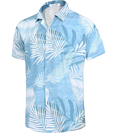 zeetoo Men's Hawaiian Shirt Short Sleeve Button Down Beach Shirts Tropical Aloha Shirt Holiday Casual Shirts Grey-Blue Leaves-Large
