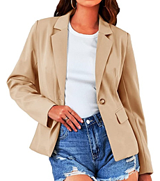 Women's Long Sleeve Blazer Open Front Cardigan Jacket Work Office Lapel Collar Blazers with Pocket Kakhi