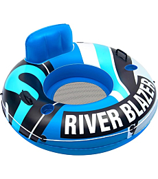 New & Improved 2022 Sunlite Sports River Raft Inflatable, Water Float to Lounge Above Lake and River, Outdoor Water Tube Sport Fun, Recreational Use, Two Grip Handles, Cup Holder, Grab Rope