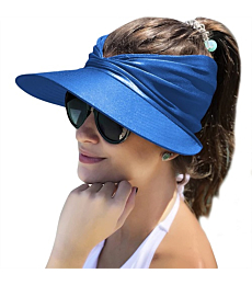 Muryobao Womens Sun Visor Hat Wide Brim Summer UPF 50+ UV Protection Beach Sport Cap Royal Blue
