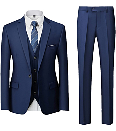 UNINUKOO Men Suits Slim Fit 3 Piece 1 Button Wedding Formal Business Tuxedo Suit Jacket Pants Vest Set US Size M Navy