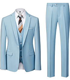 UNINUKOO Men Suits Slim Fit 3 Piece 1 Button Wedding Formal Business Tuxedo Suit Jacket Pants Vest Set US Size M Light Blue