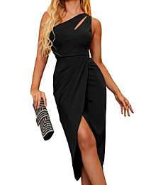 Zalalus Summer Sexy Wedding Guest Dresses for Women One Shoulder Cutout Ruched Bodycon Sleeveless Maxi Cocktail Party Dress (Small, Black)