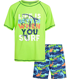 Quad Seven Boys' Rashguard Set - Short Sleeve Swim Shirt and Bathing Suit Set (Size: 5-12), Size 5/6, Green Sharks Surf
