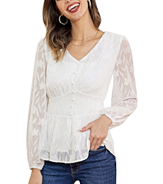 Kate Kasin Women's Elegant V Neck Long Sleeve Embroidered Mesh Buttons Top Blouse Elastic Waist Floral Print Ruffle Hem Peplum Shirts White M