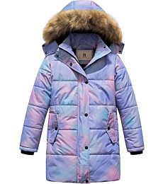 CREATMO US Girl's Long Heavyweight Winter Coat Hooded Down Jacket Fleece Lined Quilted Toddler Puffer Jacket Pink(Ombre) 6/7