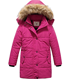 CREATMO US Girl's Winter Bubble Jacket Fleece Lined Water Repellent Long Puffer Coat With Fur Hood Rose Red 6/7
