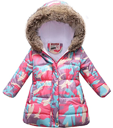 UWBACK Winter Coats For Girls Hooded Waterproof Floral Printed Kids Toddler Warm Snow Jacket Camouflage 140