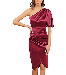 Kate Kasin Women Satin Ruched Bodycon Dress Sexy One Shoulder Asymmetrical Wrap Cocktail Party Formal Midi Dress Burgundy Small
