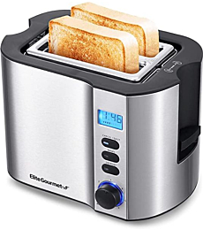 Elite Gourmet ECT2145 Extra Wide Slot 2-Slice Toaster, Bagel Function Reheat, Defrost, & Cancel Functions, 6 Toast Settings, Built-in Warming Rack, Countdown Timer, Stainless Steel