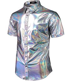 JOGAL Men's 70s Disco Shiny Metallic Gold Silver Short Sleeve Button Down Shirts SilverShimmer Large