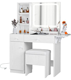IRONCK White Vanity Desk with LED Mirror & Drawers