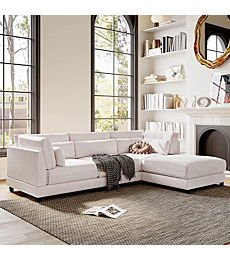 WILLIAMSPACE 110" Sectional Sofa for Living Room, L Shaped Sofa Couch with Ottoman, Upholstered Modular Sofa with Waist Pillows - Beige