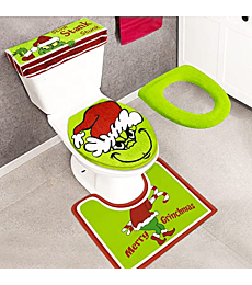 Christmas Decorations - Xmas Bathroom Sets - Grinchs Decor Toilet Seat Cover and Rug for Indoor Home Set of 4 (Red - Green)
