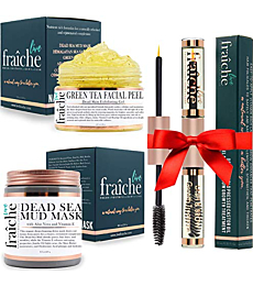 Live Fraiche Gift Bundle - USDA Organic Castor oil for Eyelashes and Eyebrows - Hydrating Dead Sea Mud Face Mask - 24k Gold Exfoliater Facial Peel and Brightener
