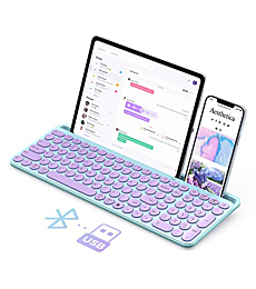 Cute Wireless Bluetooth Keyboard, seenda Dual Mode (Bluetooth + 2.4G) Round Key Typewriter Keyboard with Number Pad Integrated Stand for Mac OS/Windows Computer, iOS/Android Tablet Phone, Green Purple