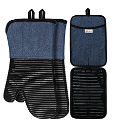 Yutat Oven Mitts, Pot Holders Set of 4 Made with Pure Cotton and Food Grade Non-Slip Silicone - 500 F Heat Resistant Oven Mitts and Pot Holders Sets for Kitchen Cooking (4pcs Set, Grey and Denim)