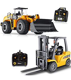 Top Race Jumbo Remote Control Forklift 13 Inch Tall, and Top Race 10 Channel Full Functional Remote Control Front Loader Construction Tractor, Full Metal Bulldozer Toy