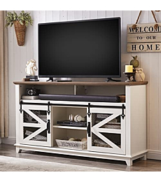 OKD Farmhouse TV Stand for 65+ Inch TV, Industrial & Farmhouse Media Entertainment Center w/Sliding Barn Door, Rustic TV Console Cabinet w/Adjustable Shelves for Living Room, Antique White