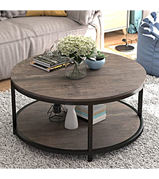 NSdirect 36 inch Round Coffee Table,Coffee Table for Living Room,2-Tier Rustic Wood Desktop & Sturdy Metal Legs Table Modern Design Home Furniture with Storage Shelf (Light Walnut)